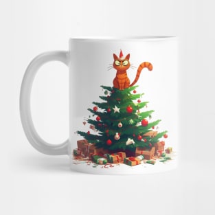 Cat Destroying Christmas Tree Illustration Mug